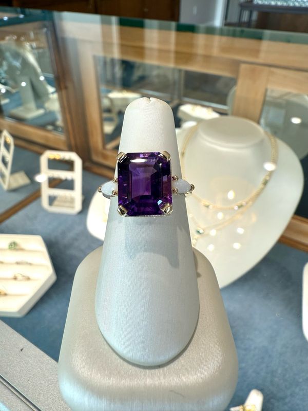 14k Yellow Gold Emerald Cut Amethyst &amp; Opal 3 Stone Ring