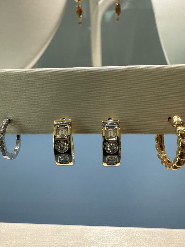 14k Yellow Gold Baguette and Round Diamond Huggie Earrings B. .37 D.102