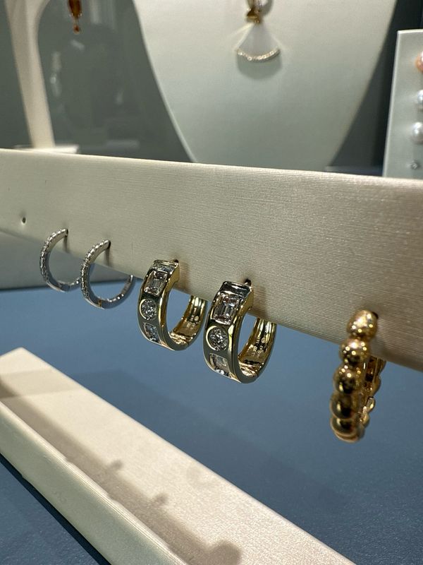 14k Yellow Gold Baguette and Round Diamond Huggie Earrings B. .37 D.102