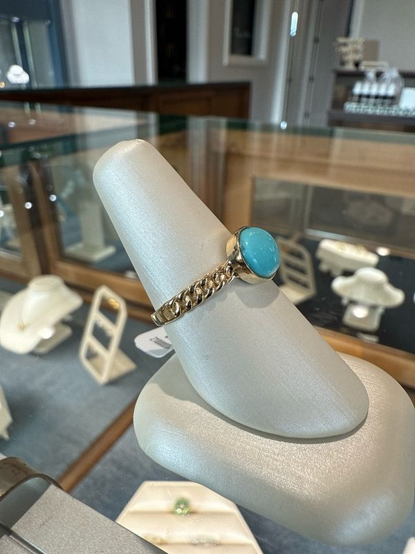 14k Yellow Gold Custom Made Bezel Set Turquoise on Chain Band Ring