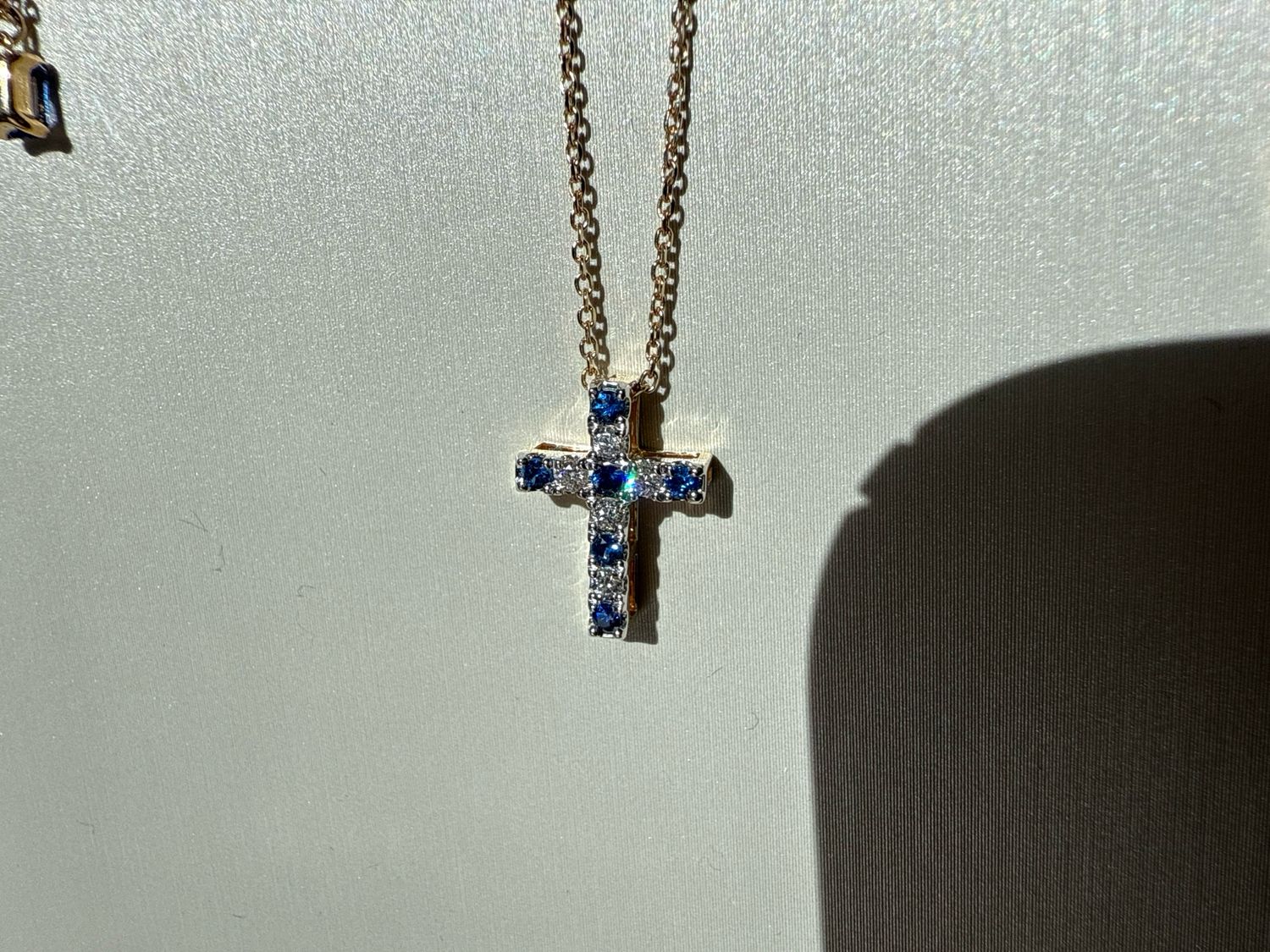 14ky .08ctw Sapphire Diamond Cross .1ctw Dia
