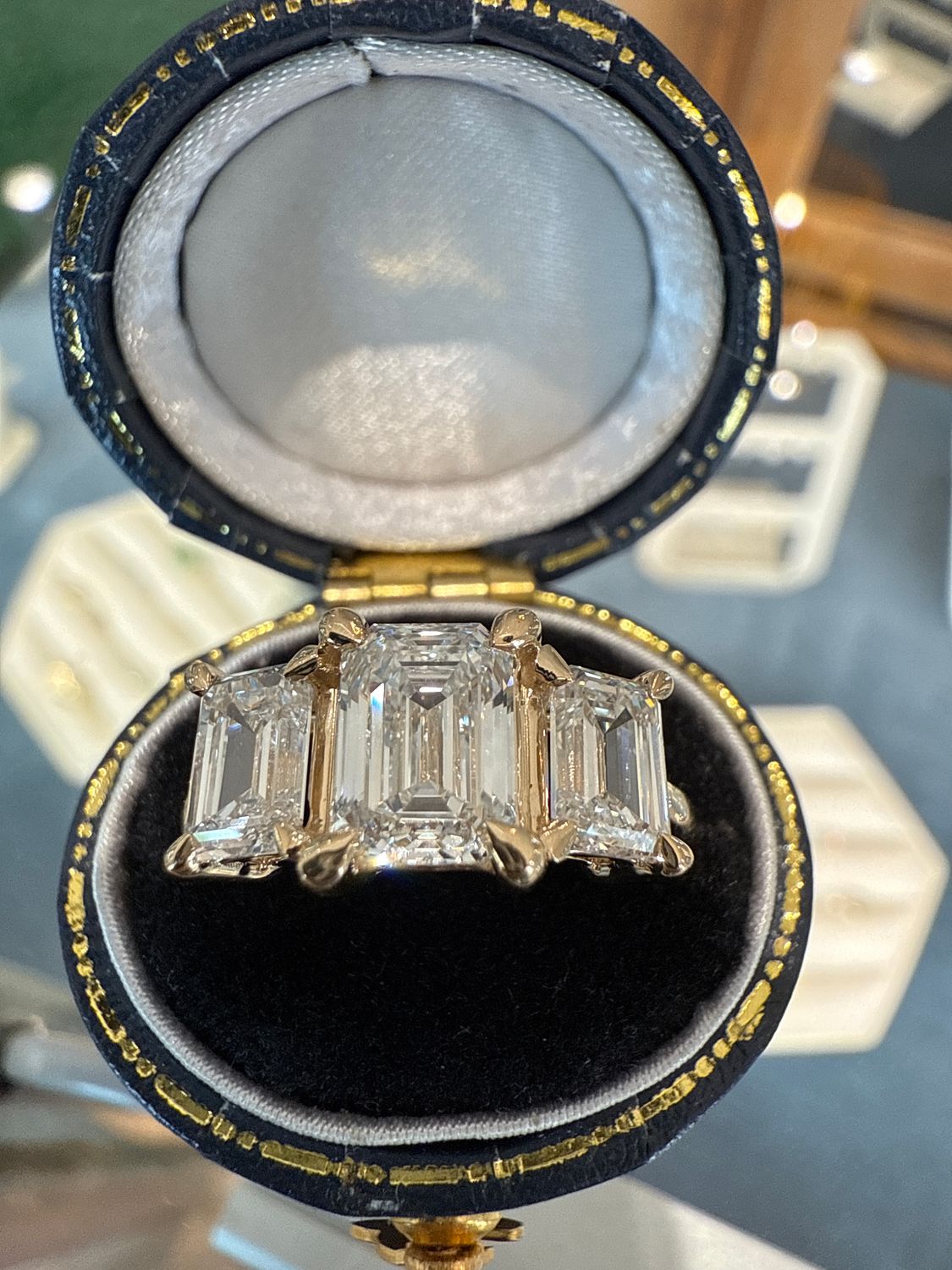 14k Yellow Gold 3 Stone Emerald Cut LAB Diamond Eng Ring 3ctw 1.5ct Cnt .75ct Sides E VS1
