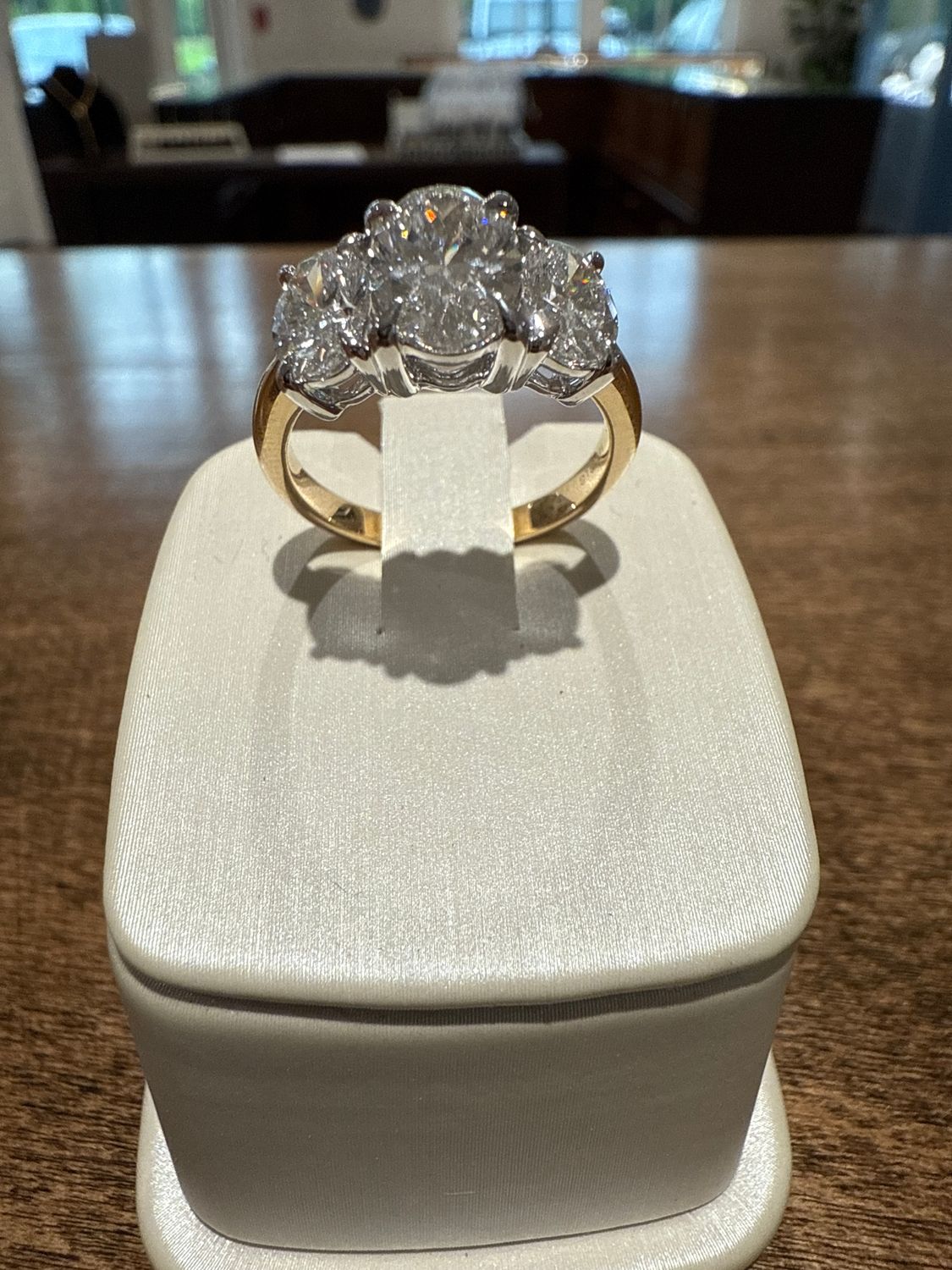 14k YW 3 Stone Oval 3ctw LAB Diamond Ring 1.5ct Center .75ct Sides