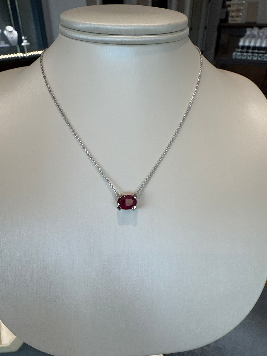 Platinum 1.20ct Ruby Necklace w/ .12ctw Pave Diamonds on 18&quot; Adjustable Cable Chain