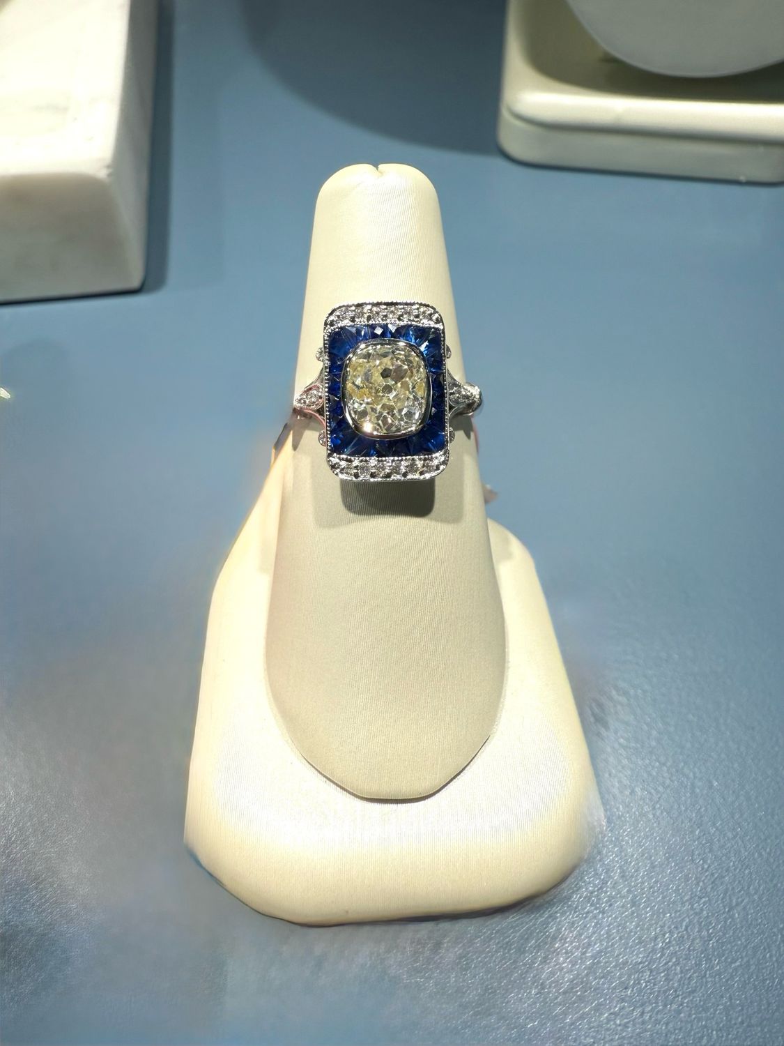 18k White Gold 1.48ct Old Mine Diamond Center &amp; French Cut Blue Sapphire Ring