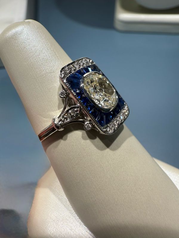 18k White Gold 1.48ct Old Mine Diamond Center &amp; French Cut Blue Sapphire Ring
