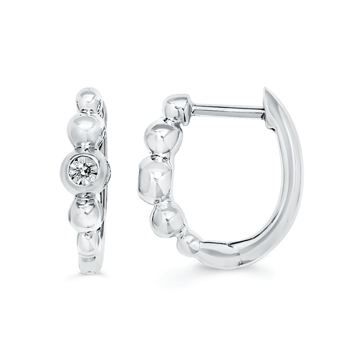 Sterling Silver Diamond Beaded Hoops .01 Ctw