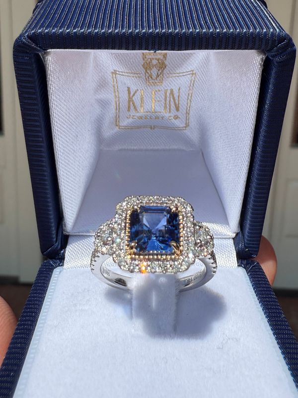 Platinum Square Emerald Cut Sapphire Ring w/ Diamond Halo Sap 2.15 ct Dia .56ctw Sz 7