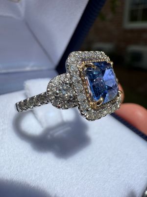 Platinum Square Emerald Cut Sapphire Ring w/ Diamond Halo Sap 2.15 ct Dia .56ctw Sz 7