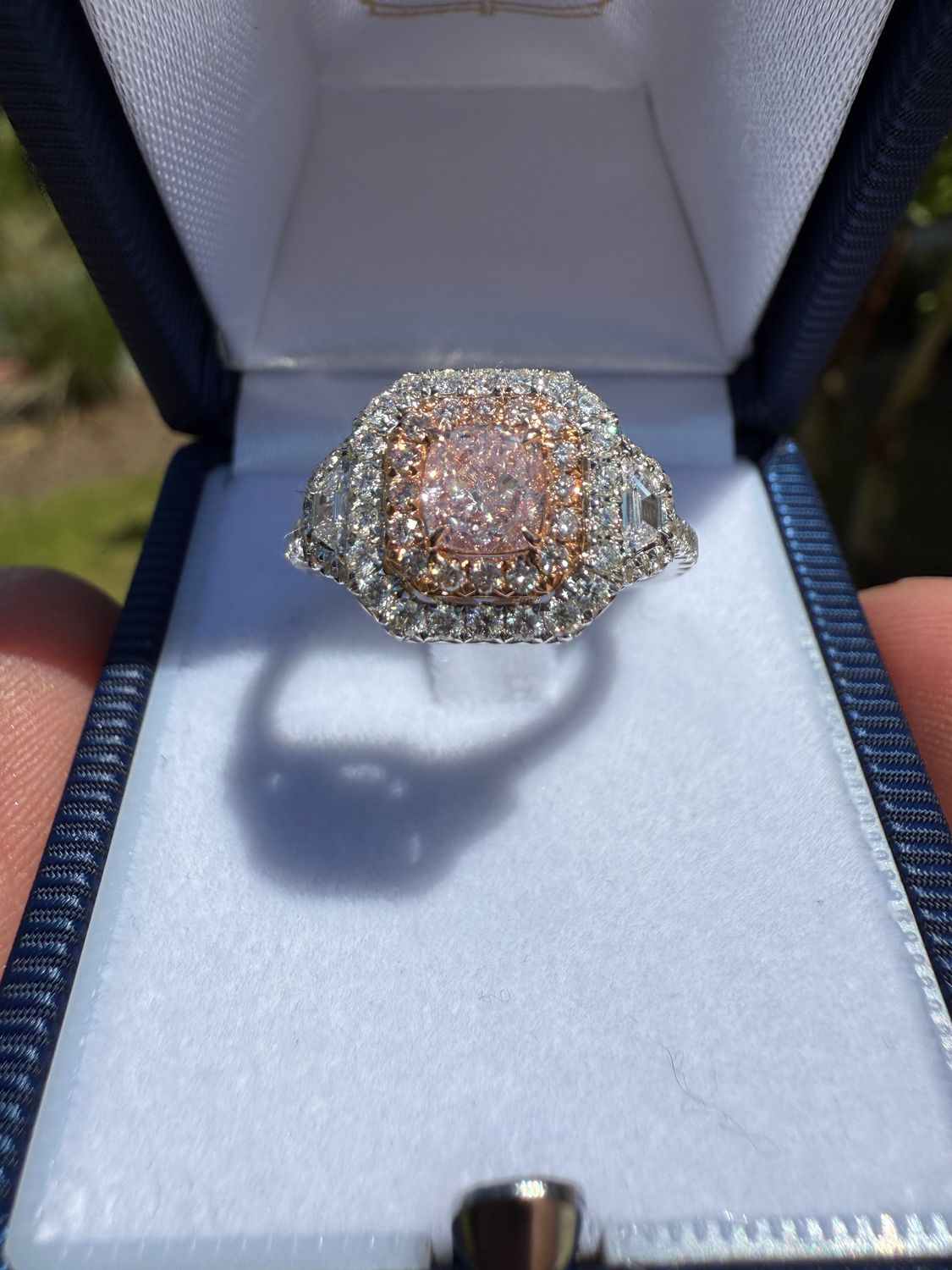 18k White Gold Pink Cusion Diamond Ring .64 ct Center GIA/ Trap .19/ Rds .98