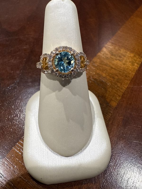14ky Blue Topaz w/Dia Ladies Ring 45RB .44ctw