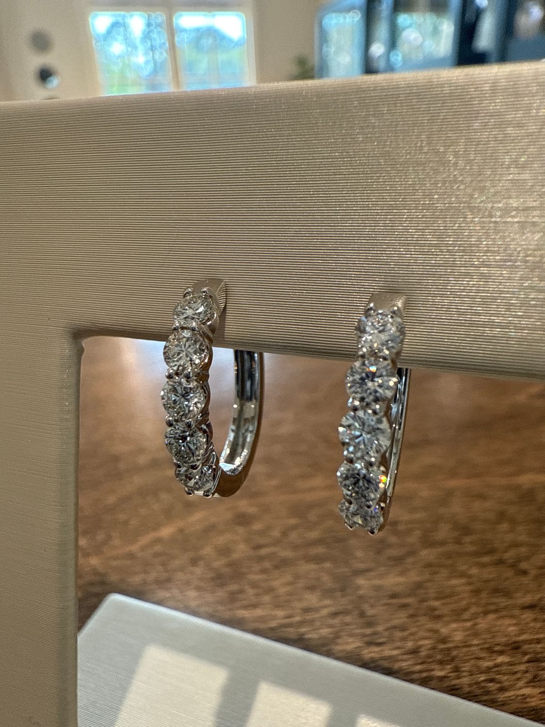 14k White Gold 5 Stone Diamond Small Hoops- Dia 0.86ct