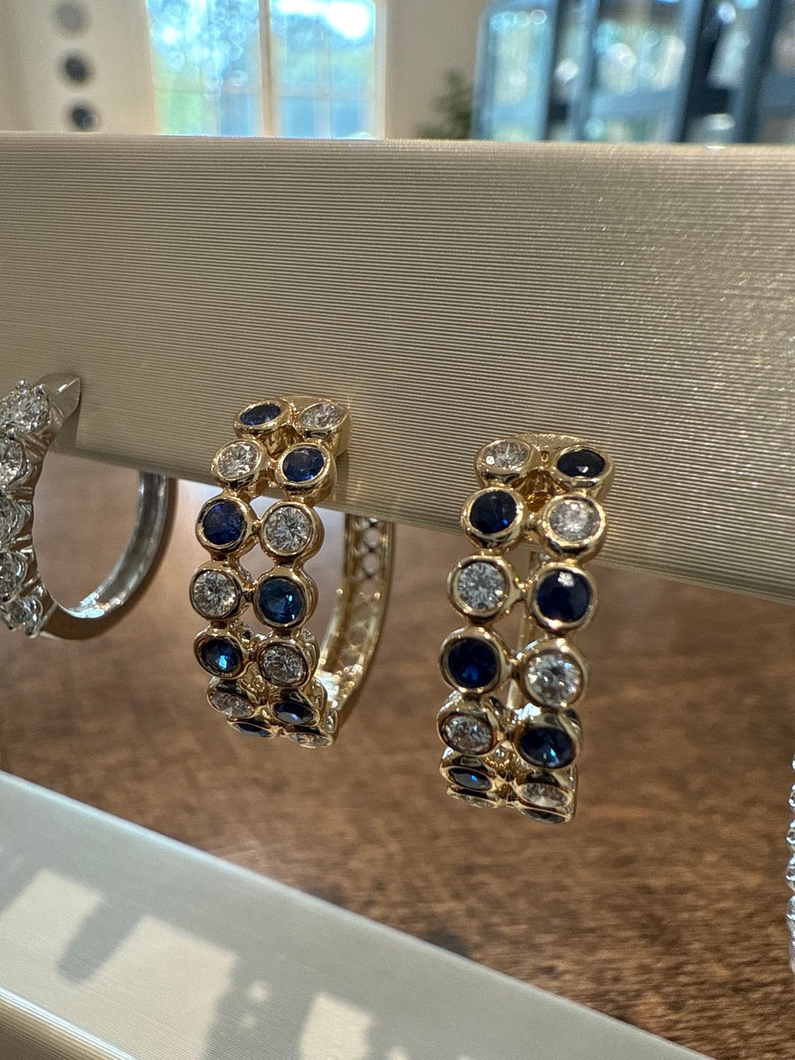 14K Yellow Gold Diamond and Sapphire Alternating Medium Hoops-D:0.41-SAP:0.61