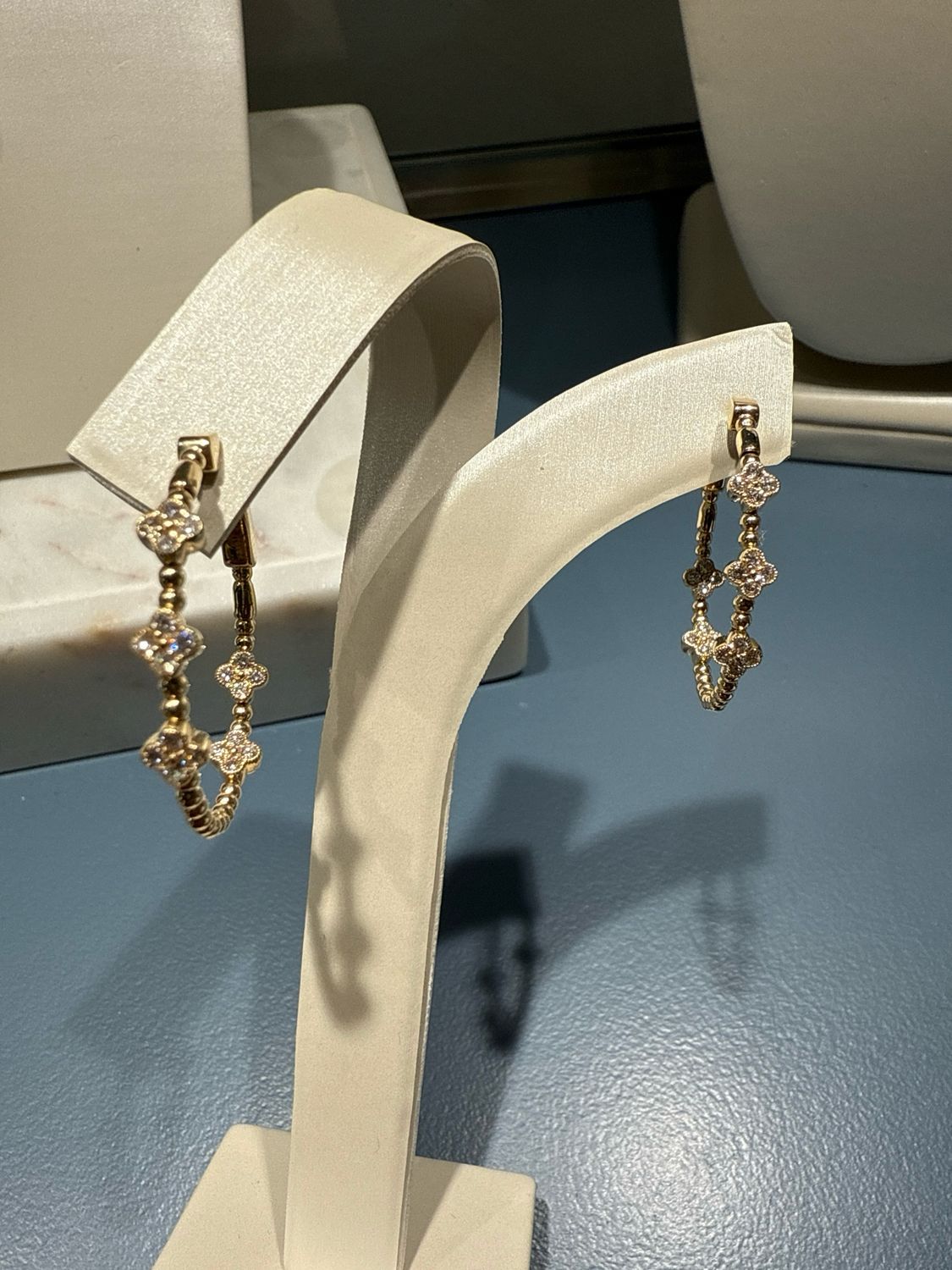 14K Yellow Gold Inside Out Diamond Clover Flex Beaded Hoop Earrings .51ctw