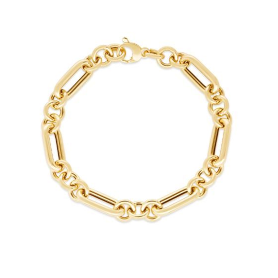 14K Yellow Gold Alternating Paperclip Interlocking Round Links Bracelet with Lobster Clasp 7.5&quot;