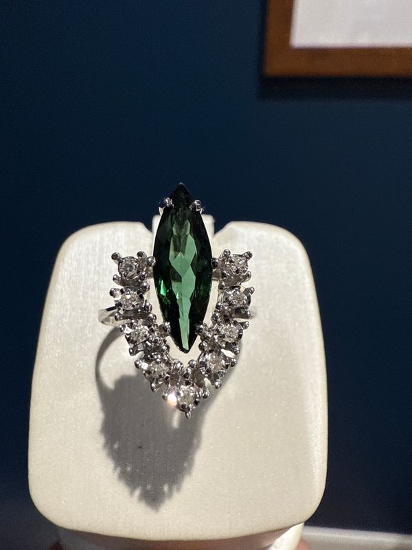 18k White Gold 1.11ct Green Tourmaline Marquise and 0.12ctw Diamond Ring - Estate