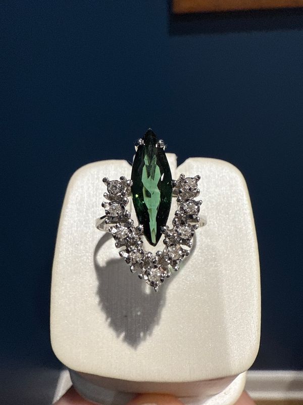 18k White Gold 1.11ct Green Tourmaline Marquise and 0.12ctw Diamond Ring - Estate