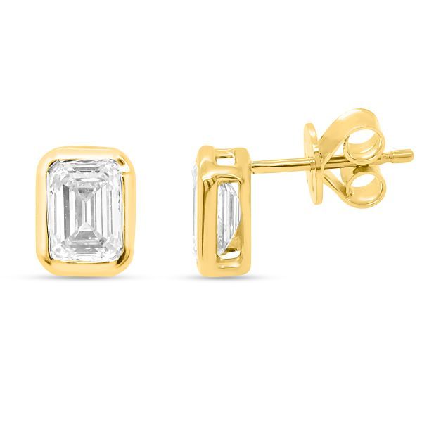 14ky Emerald Cut Bezel Set Lab Diamond Studs 2ctw EGL cert