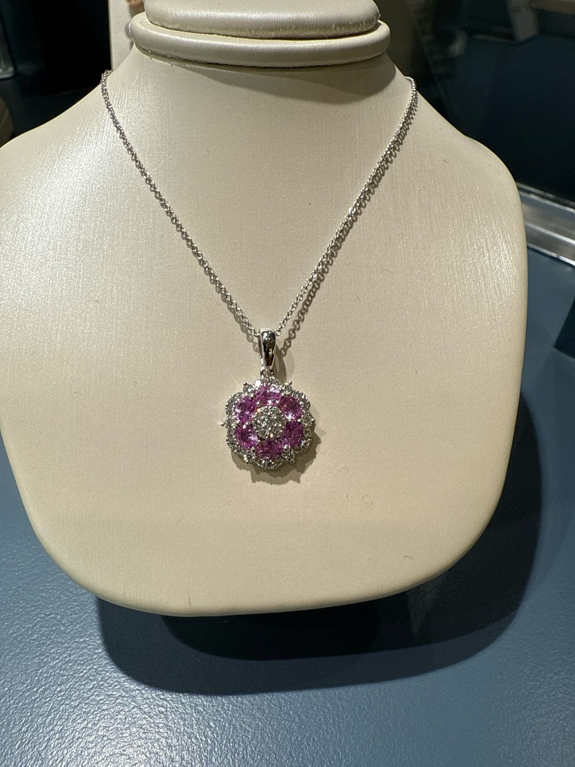 18k White Gold Pink Sapphire and Diamond Flower Necklace -Sap 1.23ctw-Dia .40ctw