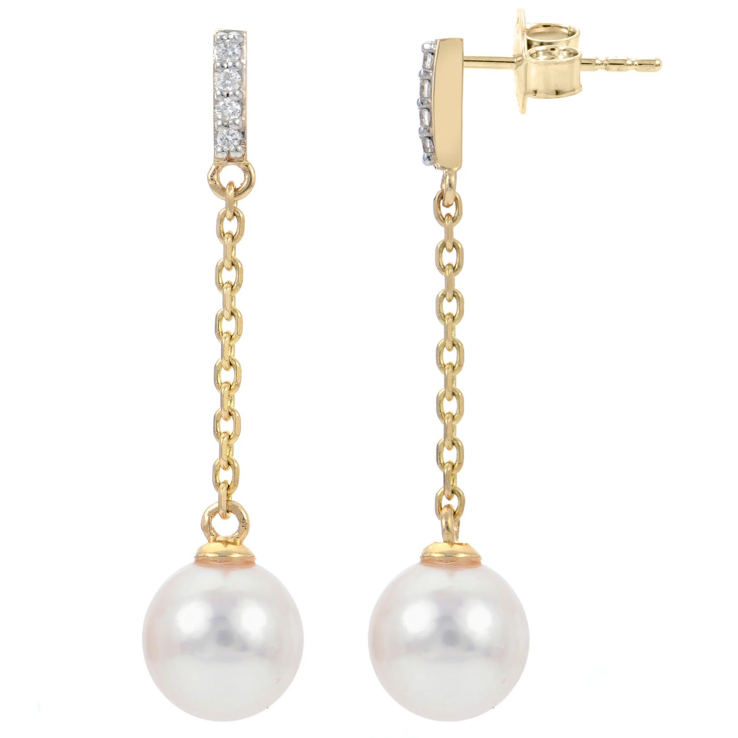 14KT Yellow Gold Akoya Pearl And Diamond Drop Earrings 6.5-7mm .04ctw