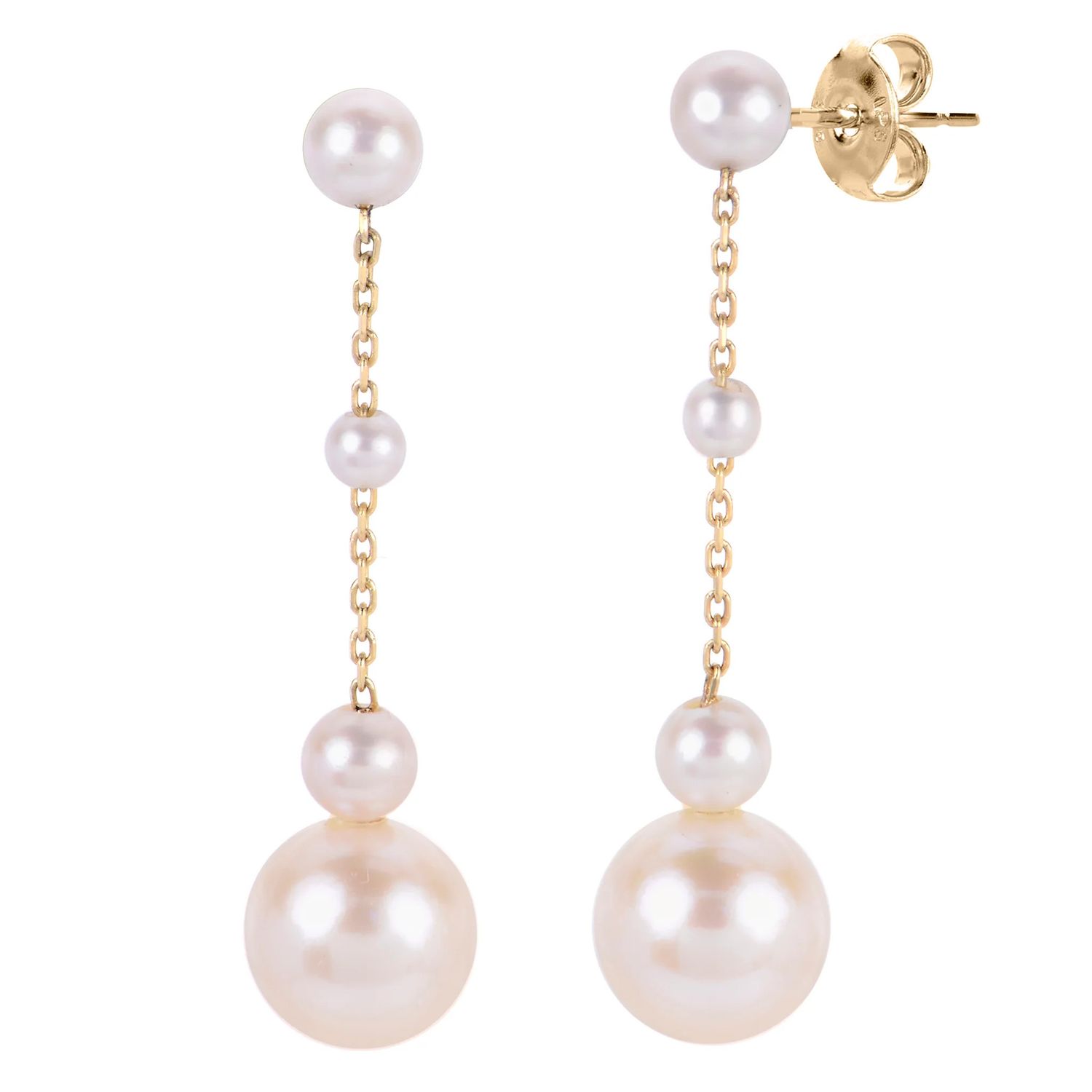 14K Yellow Gold Graduated AA Quality Freshwater Pearl Drop Earrings