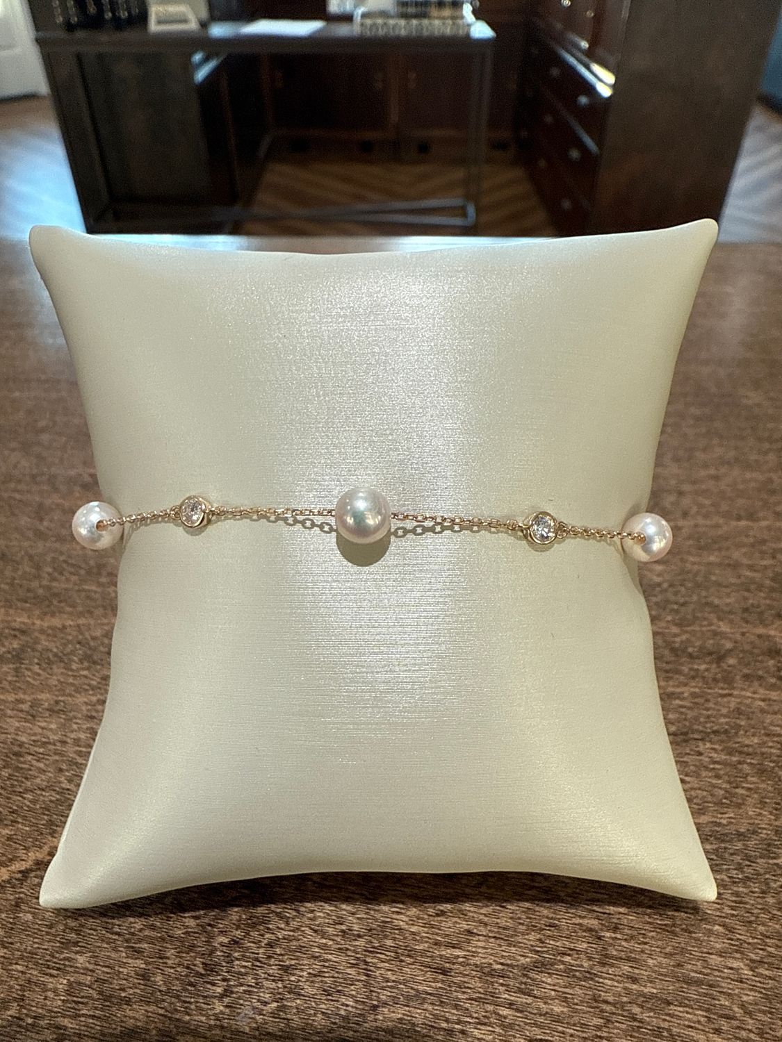 14k Yellow Gold Akoya Pearl and Lab Grown Diamond By the Yard Bracelet.  Adj 7.5&quot;-6.5&quot; 0.14ctw