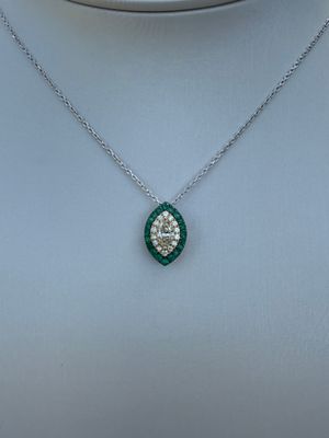 18k White Gold Marquise Yellow Diamond and Emerald Halo Pendant Necklace 17"
