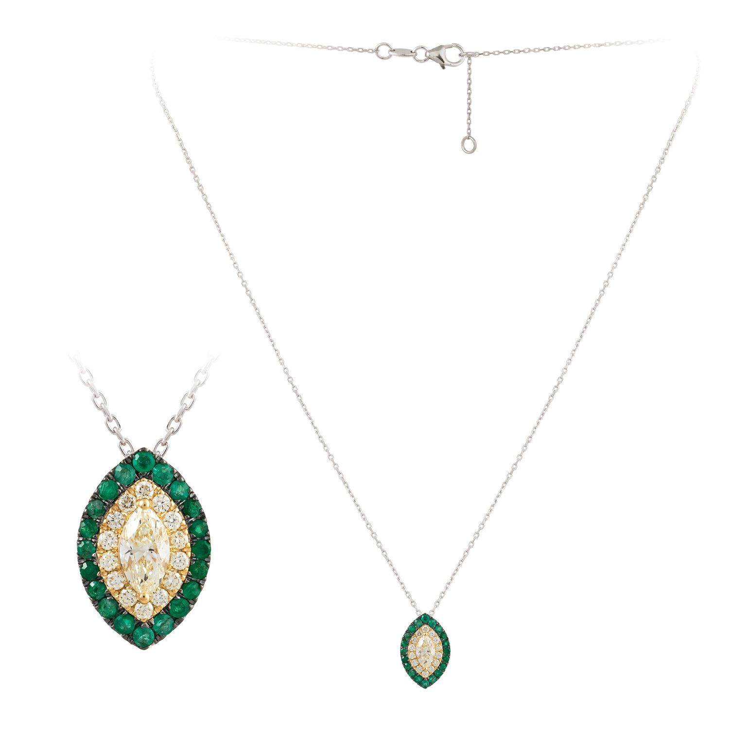 18k White Gold Marquise Yellow Diamond and Emerald Halo Pendant Necklace 17"