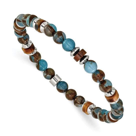 Stainless Steel Polished Blue Golden/Brown Tiger Eye Men's Stretch Bracelet