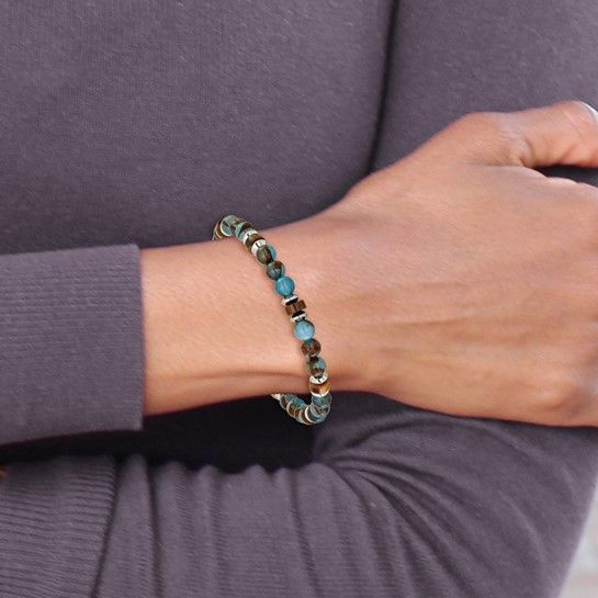 Stainless Steel Polished Blue Golden/Brown Tiger Eye Men's Stretch Bracelet