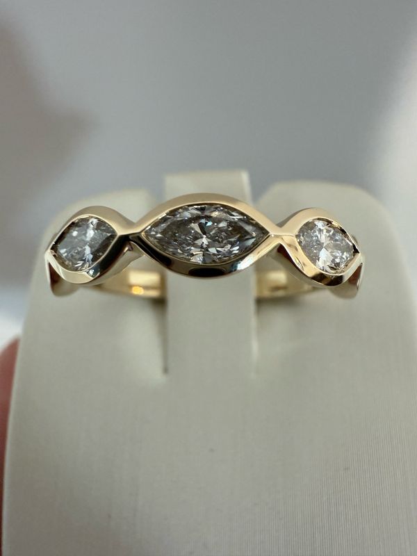 14k Yellow 5 Bezel Set Lab Grown Marquise Ring 1.25ctw