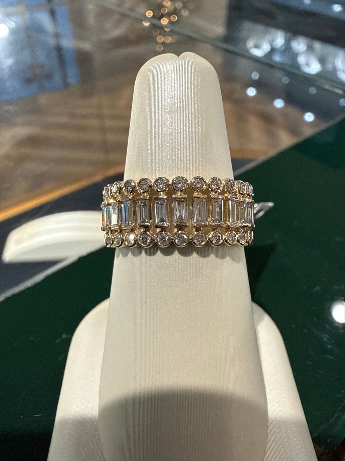 14k Yellow Gold Three Row Baguette and Round Diamond Ring .79ctw