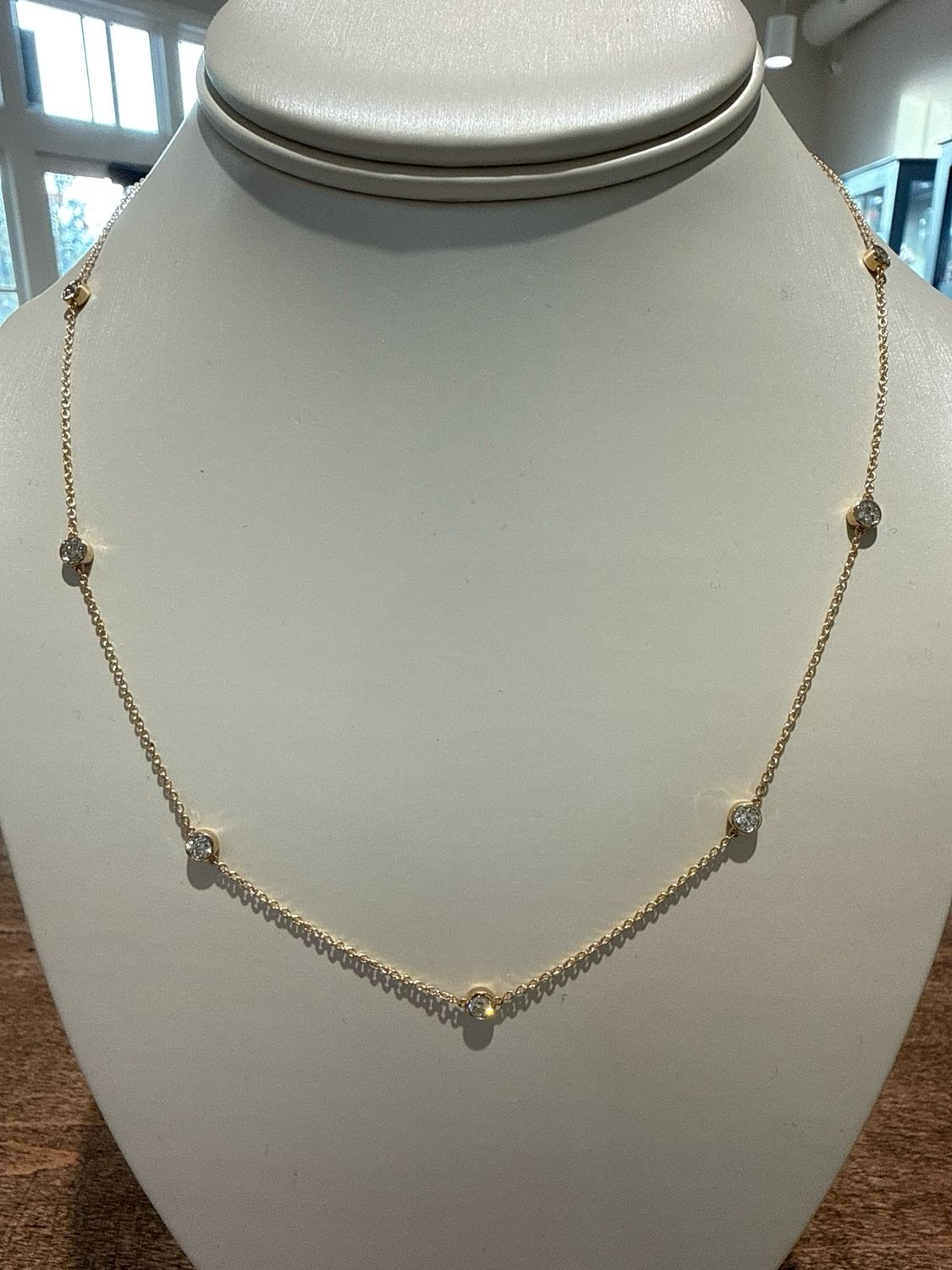 14k Yellow Gold 7 Station Diamonds by the Yard Necklace .75ctw 18"