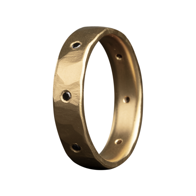 14K Yellow Gold Hand Forged Ring w/ 8 Round Black Diamonds .12 CTW 5mm