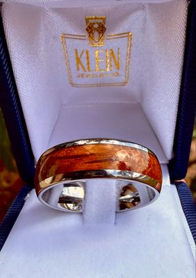 White Metal Ring with Whiskey Barrel Wood Inlay