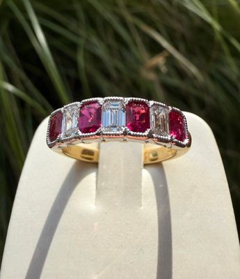 Emerald Cut Burma Ruby and Emerald Cut Diamond Ring with milgrain accents in white and yellow 18 karat gold