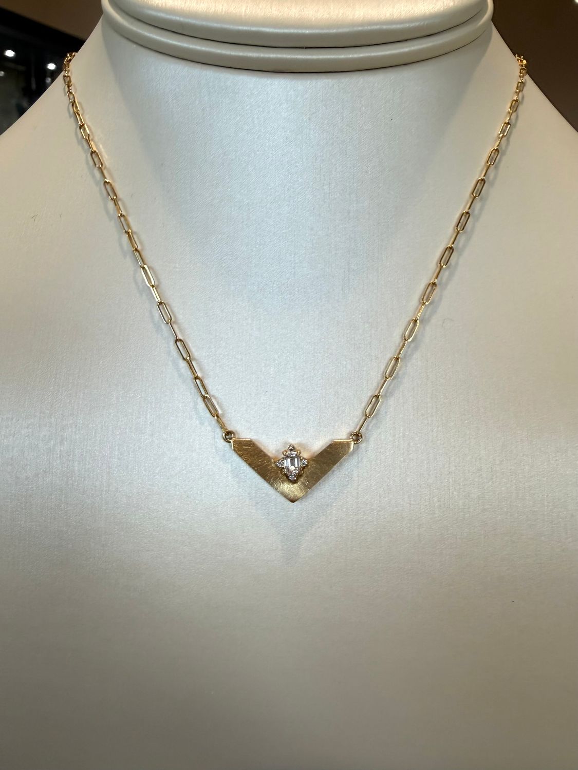 14K Satin Yellow Gold V Shape Pendant with Emerald Star .21ctw Diamond  Necklace