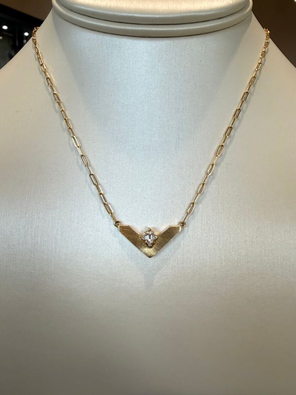 14K Satin Yellow Gold V Shape Pendant with Emerald Star .21ctw Diamond  Necklace