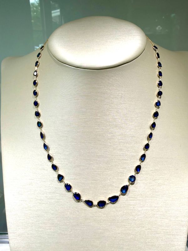 14K Yellow Gold Various Shape Blue Sapphire Slice Necklace 16cts 18" Adj Chain
