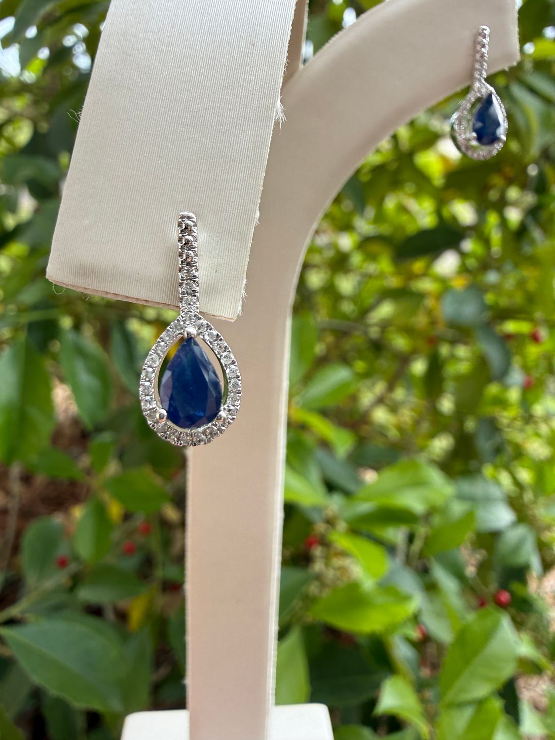 14K White Gold .80ctw Pear Shape Sapphire w/ .17ctw Diamond Halo Earrings