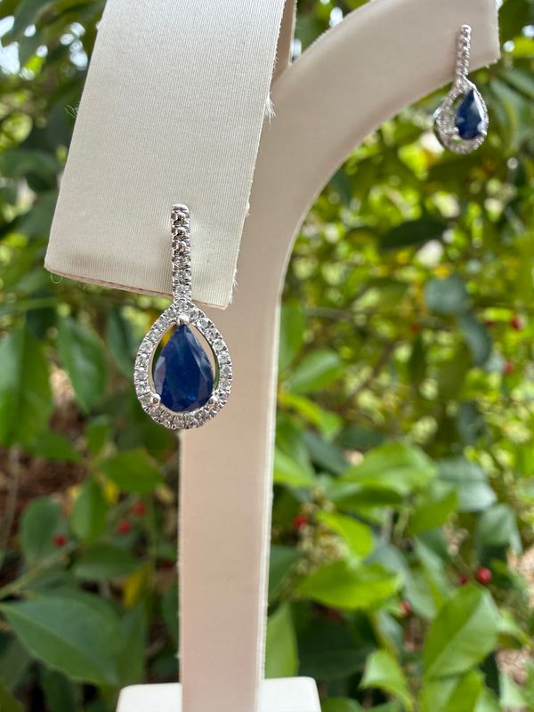 14K White Gold .80ctw Pear Shape Sapphire w/ .17ctw Diamond Halo Earrings