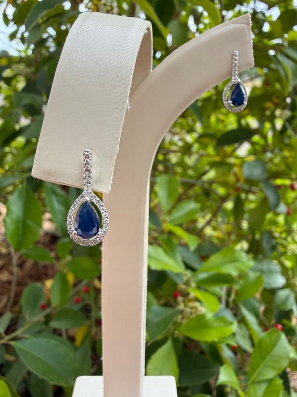 14K White Gold .80ctw Pear Shape Sapphire w/ .17ctw Diamond Halo Earrings