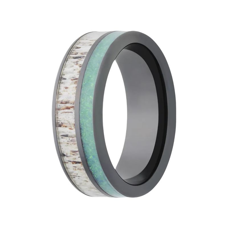 Black Ceramic ring with Antler and Opal Inlays  8mm Sz 10