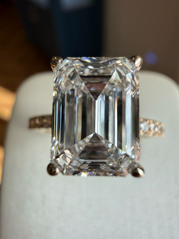 2.89ct Emerald Cut Lab Grown Diamond Center Engagement ring in 14k Yellow and White Gold with Natural Diamond Shank and Hidden Halo.  0.50ctw Natural Diamonds