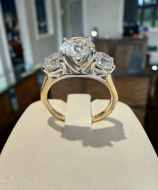 14k Yellow and White Gold 3 Stone Round LAB Grown Diamond Engagement Ring 3 Ctw 1.5 ct Center Stone and .75 ct Sides