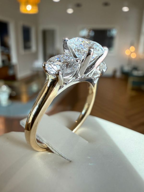 14k Yellow and White Gold 3 Stone Round LAB Grown Diamond Engagement Ring 3 Ctw 1.5 ct Center Stone and .75 ct Sides