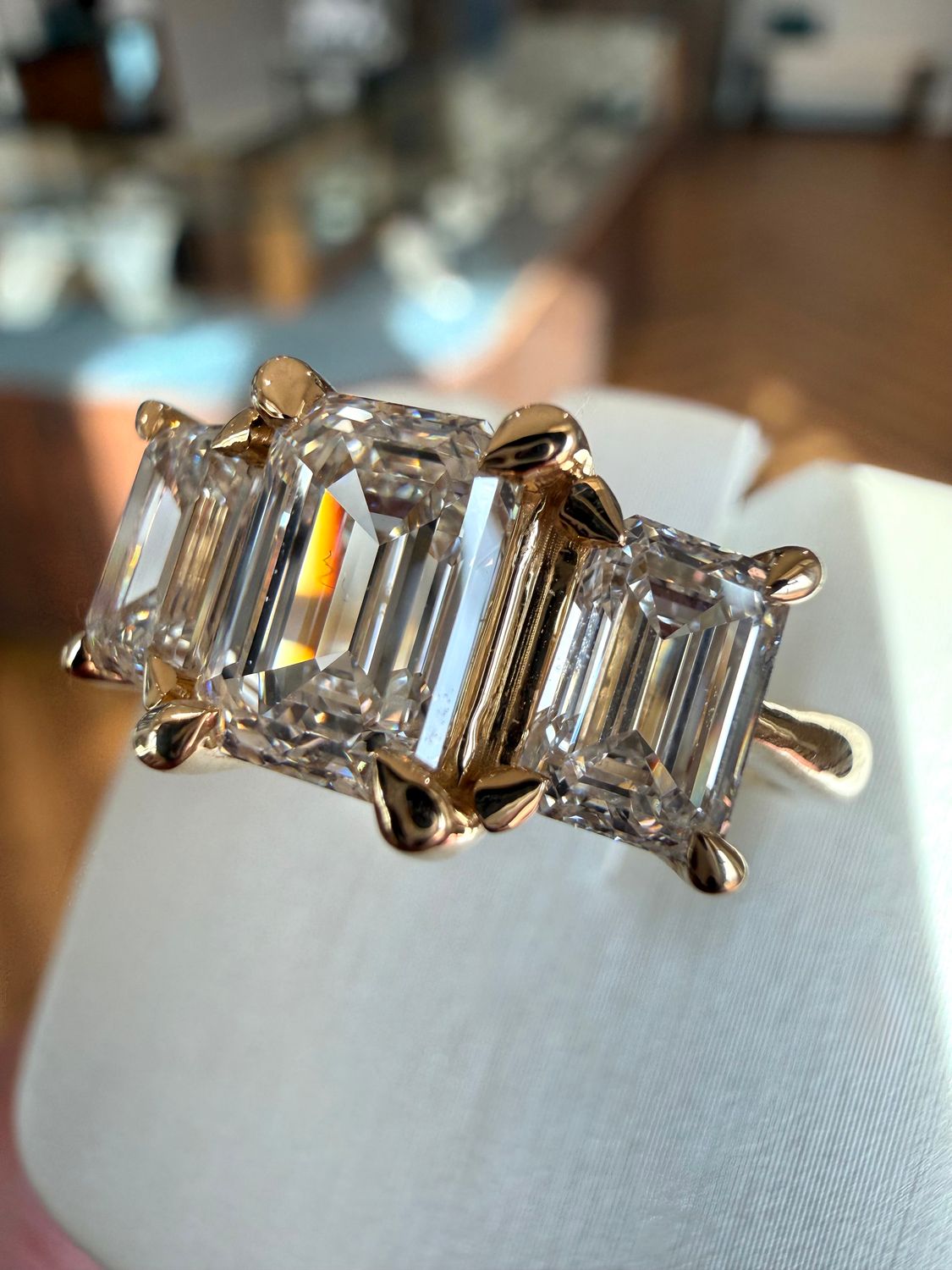 14k Yellow Gold 3 Stone Emerald Cut LAB Diamond Engagement Ring 3ctw 1.5ct Cnt .75ct Sides E VS1