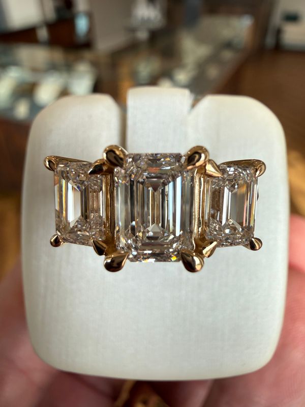 14k Yellow Gold 3 Stone Emerald Cut LAB Diamond Engagement Ring 3ctw 1.5ct Center Stone and .75ct Sides E VS1