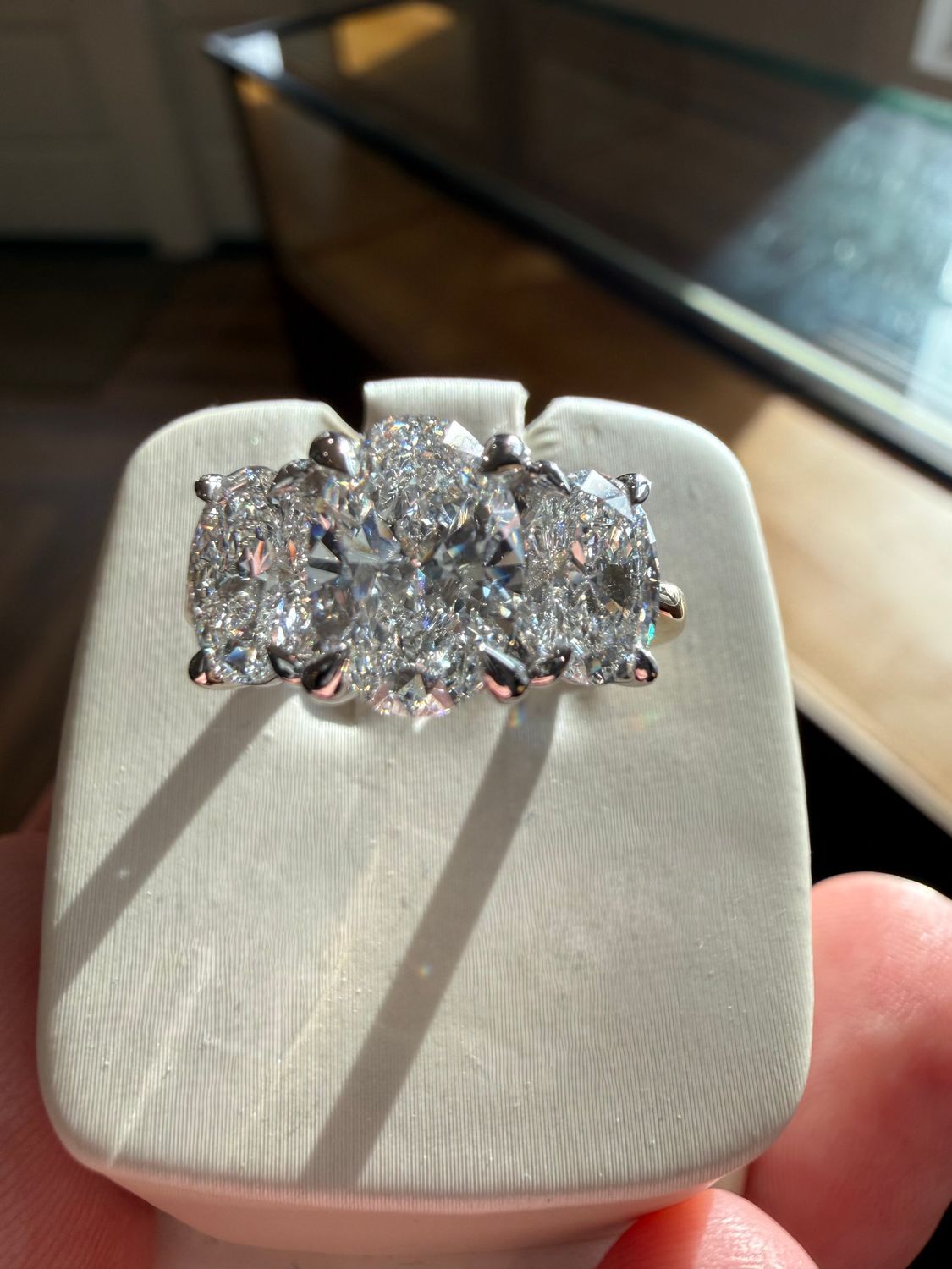 14k YW 3 Stone Oval 3ctw LAB Diamond Engagement Ring 1.5ct Center .75ct Sides