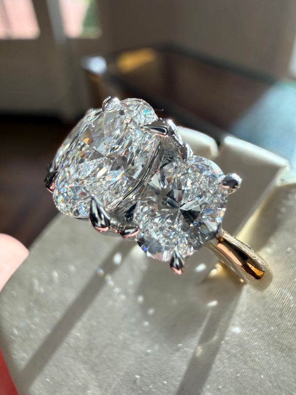 14k YW 3 Stone Oval 3ctw LAB Diamond Engagement Ring 1.5ct Center .75ct Sides